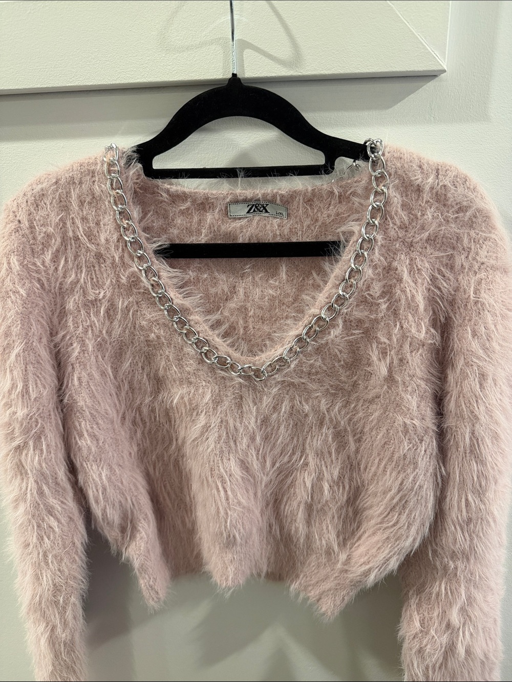 Soft Blush Pink Fuzzy Crewneck Sweater with Silver Chain